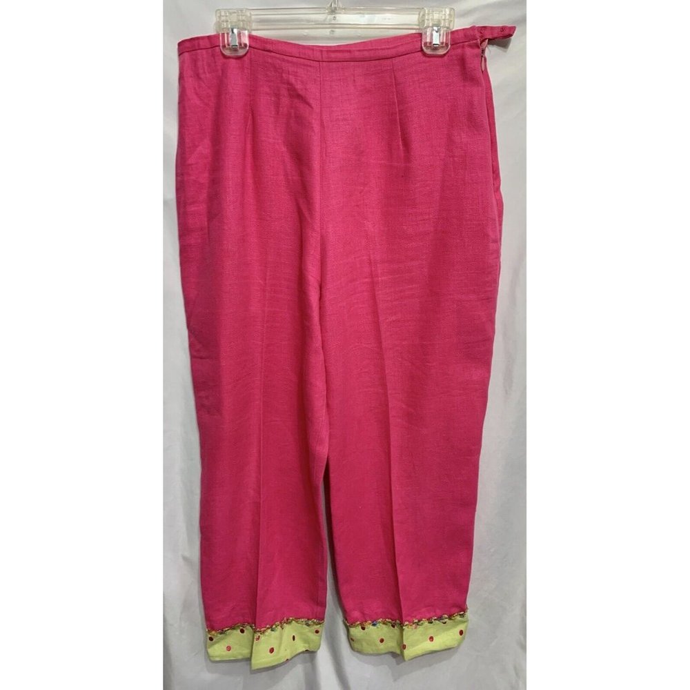 Taylor G Womens Pink Linen Capri Pants Large Wide Leg Polka Dot Floral Trim